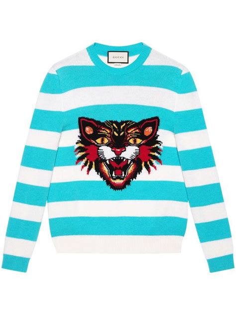 gucci blue striped cat faces sweater|Gucci angry cat sweater.